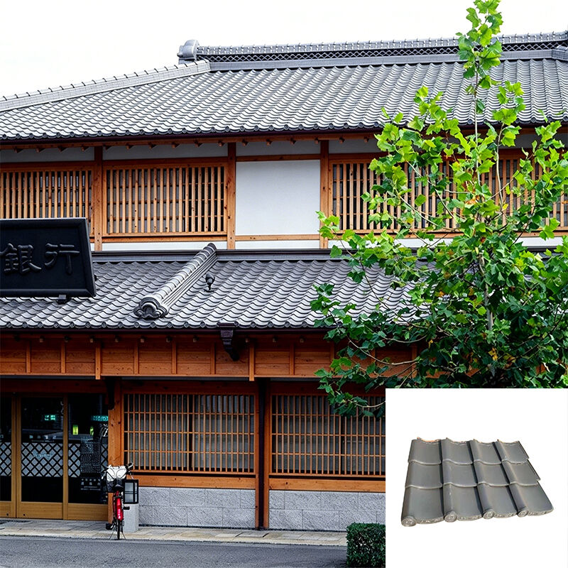 日本の伝統的な燻んだグレーの釉薬仕上げの陶器瓦、左向き切妻瓦、本物の日本の瓦