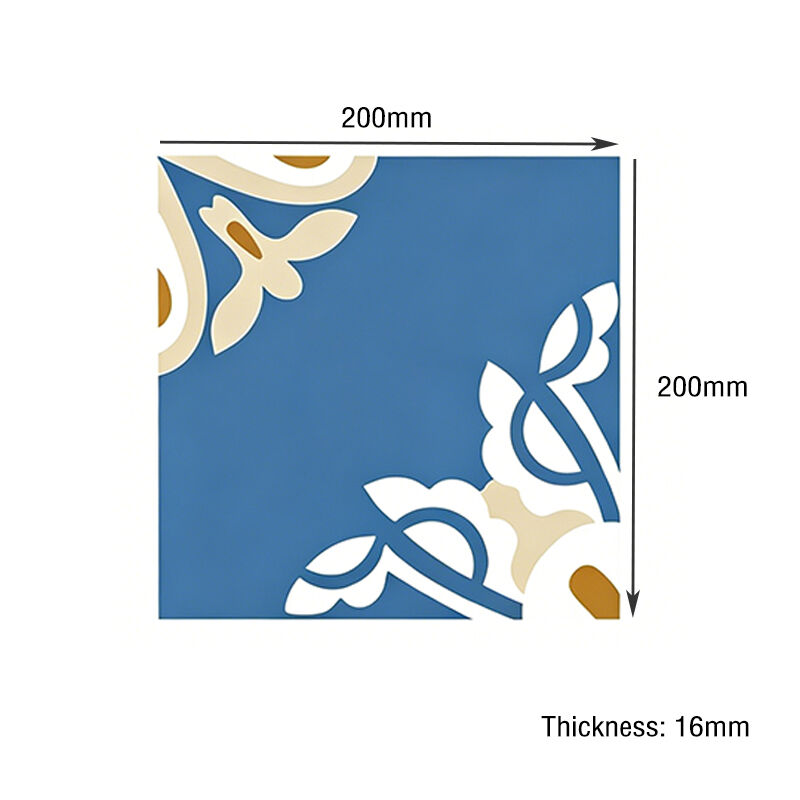200×200mm 手作り 青い花式セメントタイル 厨房用 背面スプレー 浴室用 滑らない 交通量が多い地域用