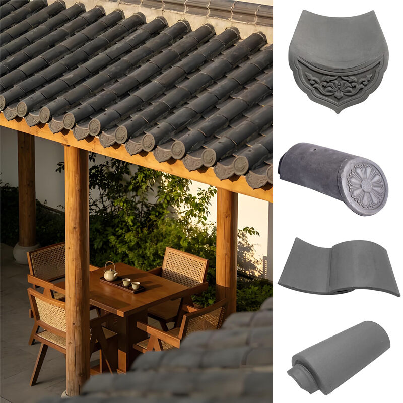 グレーセラミックの中国製屋根タイル 装飾用天井タイル&樽キャップ 茶屋室外風景建築