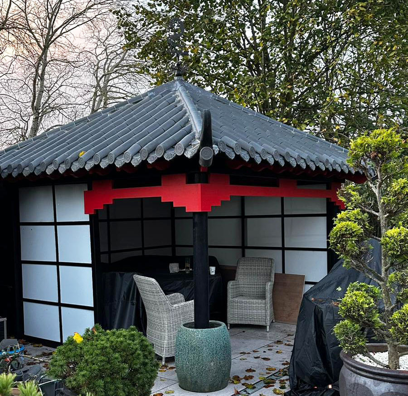 日本と中国のスタイル 屋外茶屋 パビリオン 快適な庭 ガイゼボ ヒップ屋根タイルシステムと上向きの天井