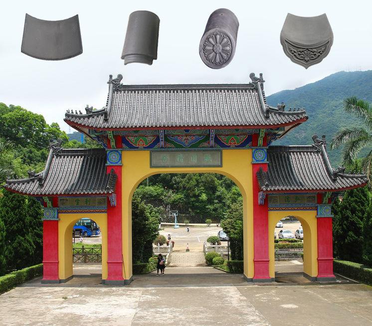 牌坊的中国传统粘土瓦片，拱门和寺庙入口的重型灰色陶瓷瓦系统