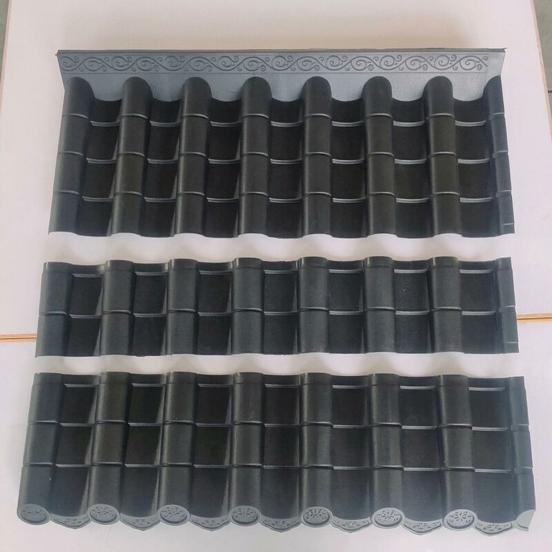 Ornamental Dark Grey PP Asian Wave Roof Panels Antique Synthetic Chinese Barrel Tile Sheeting with Floral Eaves